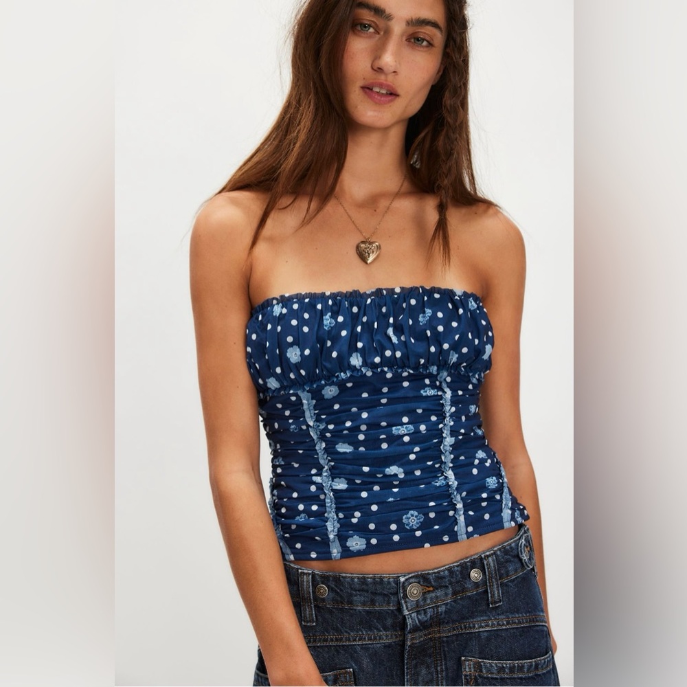 NWT Free People Scottie Printed Tube Top In Color Pageant Blue Combo